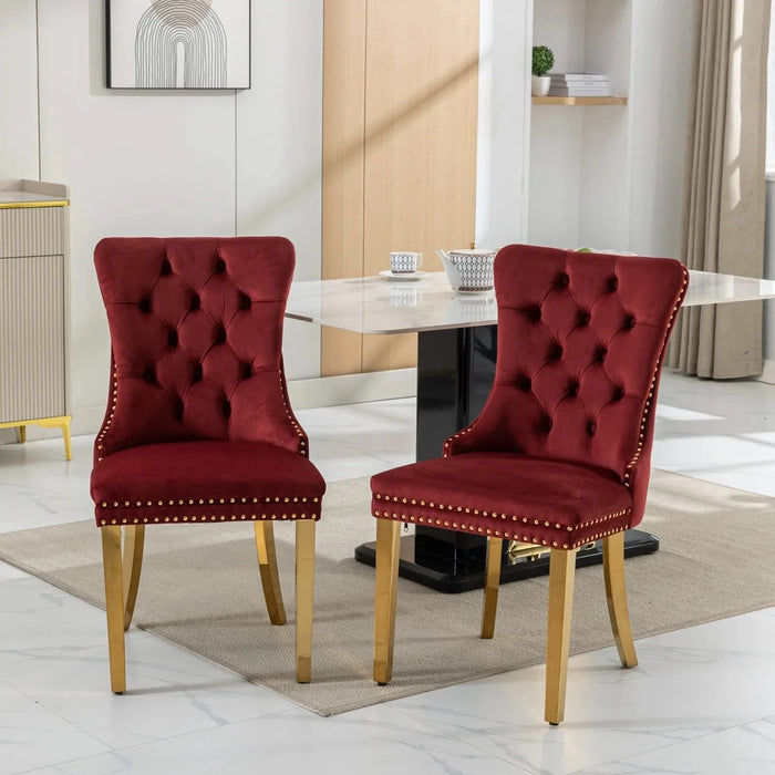 Nikki Collection Modern, High-end Tufted Solid Wood Contemporary Velvet Upholstered Dining Chair with Golden Stainless Steel Plating Legs,Nailhead Trim,Set of 2,Wine Red and Gold, SW1601WR,Burgundy Default -DTYStore