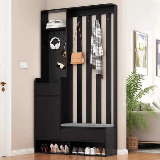ON-TREND Contemporary 39.3''Wx70.8''H Hall Tree Storage with Cushioned Storage Bench, Multifunctional Hallway Shoe Cabinet with Pegboard, Modern Coat Rack with 4 Hooks for Entryway, Mudroom, Black Default -DTYStore