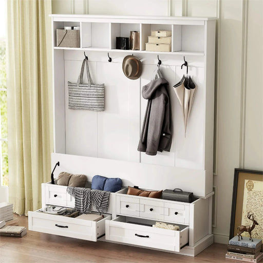 ON-TREND Elegant Wide Hall Tree with 5 Hooks, Versatile Entryway Lift Top Storage Bench with 2 Drawers, Retro Wooden 3-in-1 Coat Rack with Black Handles for Mudroom, Living Room, White, 59'Wx74'H Default -DTYStore