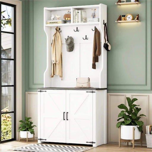ON-TREND Farmhouse 4-in-1 Hall Tree with Barn Doors, Movable Bench with 7 Hanging Hooks and Shoe Storage Cabinet, 76.9'H Entryway Coat Rack with 6 Brake Wheels for Hallway, Living Room, White Default -DTYStore