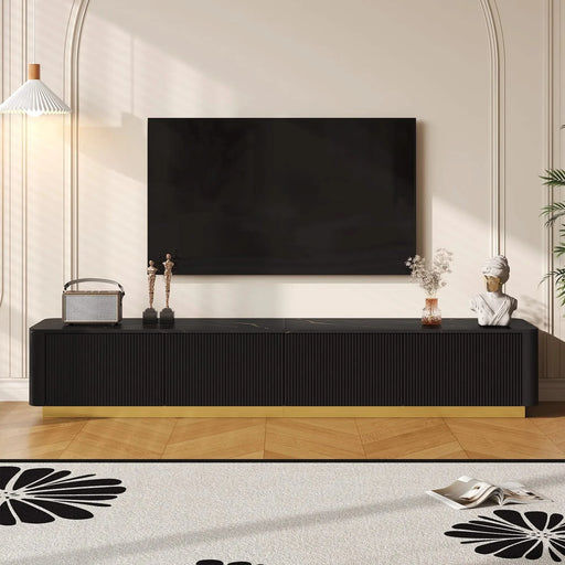 ON-TREND Luxury Fluted TV Stand for TVs Up to 85', Faux Marble Tabletop Media Console with 4 Drawers, Curved Profile Design, Modern Entertainment Center with Gold Base for Living Room, Black Default -DTYStore