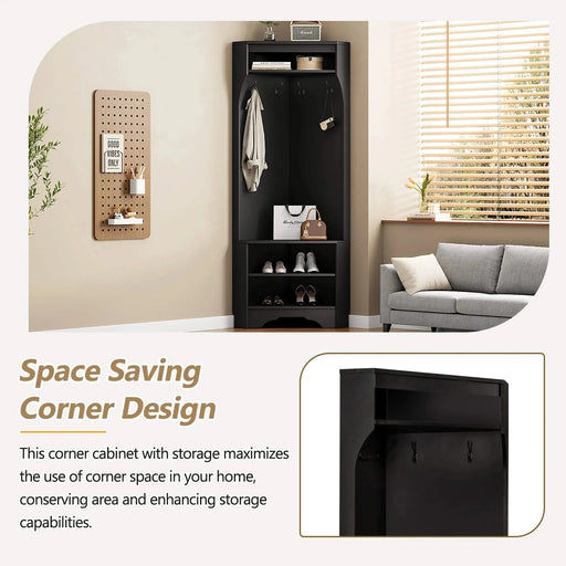 ON-TREND Minimalist Corner Hall Tree with Shoe Bench, Versatile Entryway Coat Rack with 4 Hooks, Corner Cabinet with Adjustable Shelf for Hallway, Living Room, Black, 29.5''W*71.6''H Default -DTYStore