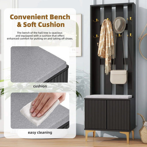 ON-TREND Modern Luxury 4-in-1 Hall Tree with Cushion, Versatile Coat Rack with 8 Gold Hooks and Legs, Entryway Bench with Adjustable Shelves & Fluted Doors for Hallway, Living Room, Black, 23.6'*70.8' Default -DTYStore