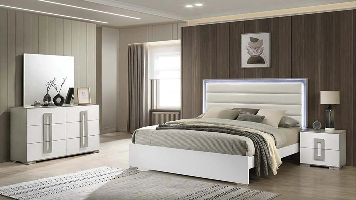 Olivia Contemporary Style 4 Pc Full Bedroom Set with LED Headboard Made with Wood in White (NJ Inventory) Default -DTYStore