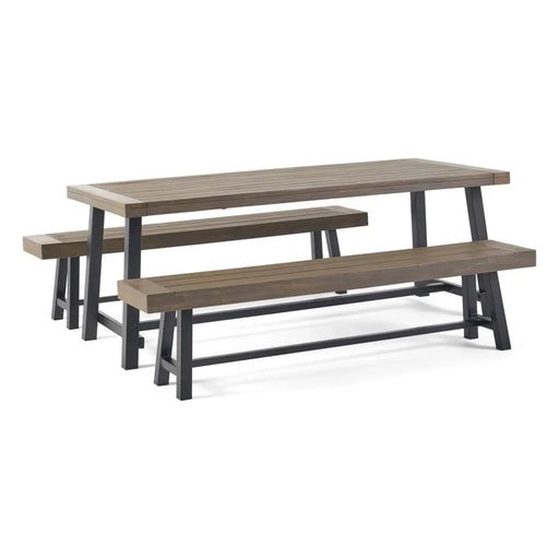 Outdoor Acacia Wood 3 Piece Picnic Dining Set, Modern Industrial Design, Gray and Rustic Metal Default -DTYStore