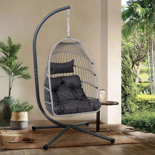 Outdoor Egg Hanging Chair with Stand, Patio Wicker Swing Egg Chair Indoor Swinging Chair Outdoor Hammock Egg Chair Default -DTYStore