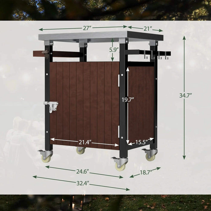 Outdoor Grill Cart with Stainless Steel Tabletop, Storage, Patio Kitchen Island with Wheels, Hooks, and Spice Rack, Waterproof Outdoor Grill Table, Movable BBQ Serving Cart Rolling Bar Cart Default -DTYStore