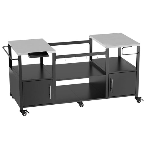 Outdoor Grill Table for Big Green Egg Style BBQ with Metal Grill Cart and Storage Box, Black and Silver, Metal and Stainless Steel, 67x27.8x31 inches Default -DTYStore