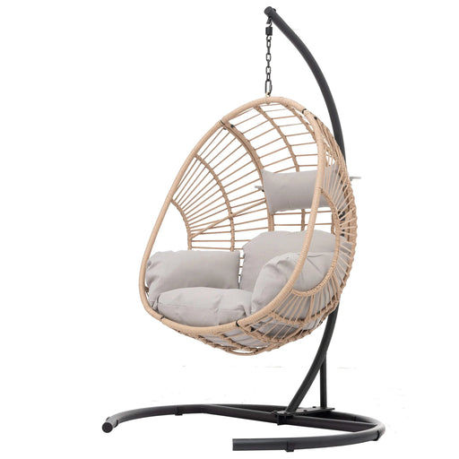 Outdoor Indoor Swing Egg Chair Natural color wicker with beige cushion Default -DTYStore