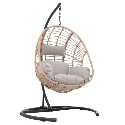Outdoor Indoor Swing Egg Chair Natural color wicker with beige cushion Default -DTYStore