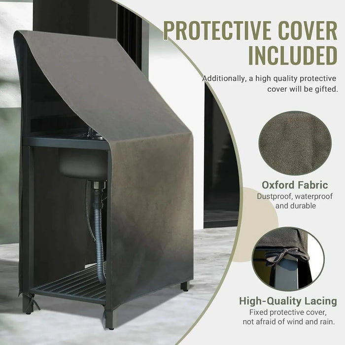 Outdoor Kitchen Island with Storage, Aluminum Kitchen Storage Island Stainless Steel Outdoor Sink w/Faucet & Drainboard, Freestanding Storage Shelves with Protective Cover Indoor Outdoor Default -DTYStore