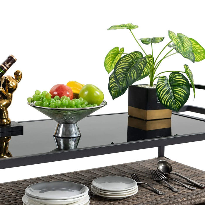 Outdoor Wicker Bar Cart, Patio Wine Serving Cart w/Wheels , Rolling Rattan Beverage Bar Counter Table w/Glass Top for Porch Backyard Garden Poolside Party, Light brown Default -DTYStore