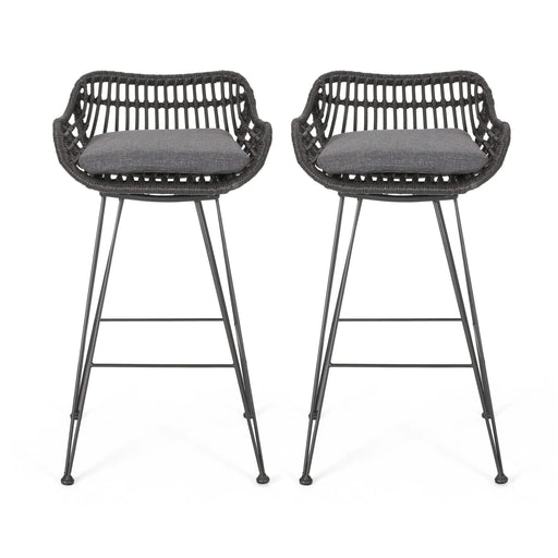 Outdoor Wicker Barstool with Cushions, Set of 2, Grey Default -DTYStore