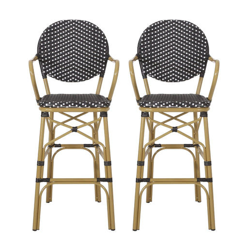 Outdoor Wicker and Aluminum 29.5' French Barstools Set of 2, Black Bamboo Print Finish Default -DTYStore