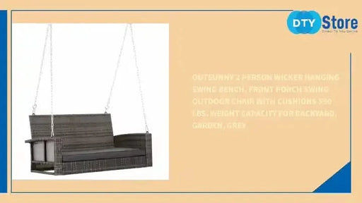 Outsunny 2 Person Wicker Hanging Swing Bench, Front Porch Swing Outdoor Chair with Cushions 550 lbs. Weight Capacity for Backyard, Garden, Grey Default -DTYStore