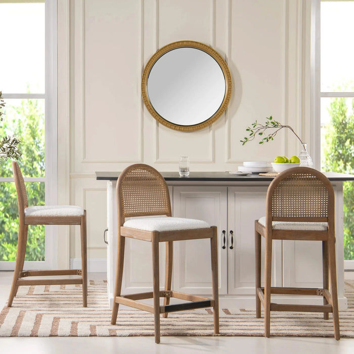 Panama 26.5' Curved Back Cane Rattan Counter Stool, Set of 2, Ivory White Boucle Default -DTYStore