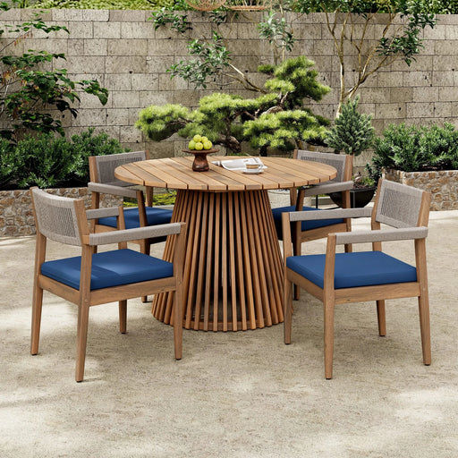 Patio Set Outdoor Acacia Wood Furniture Sets- Braided Dining Chairs(With Navy Cushion)and Patio Dining Table for Garden, Patio & Deck (Teak Look & Beige Rope) Default -DTYStore