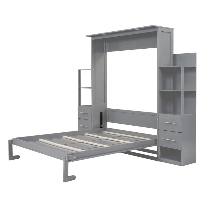 Queen Size Murphy Bed Wall Bed with Shelves, Drawers and LED Lights,Gray Default -DTYStore