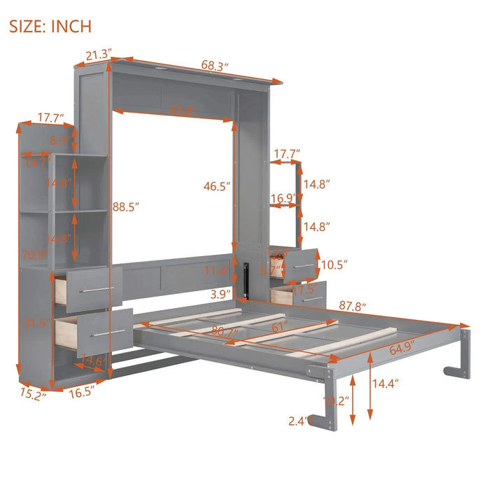 Queen Size Murphy Bed Wall Bed with Shelves, Drawers and LED Lights,Gray Default -DTYStore
