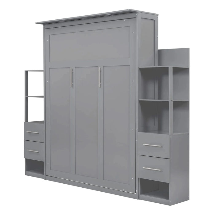 Queen Size Murphy Bed Wall Bed with Shelves, Drawers and LED Lights,Gray Default -DTYStore