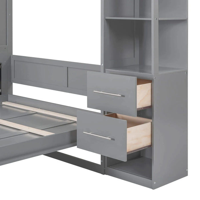 Queen Size Murphy Bed Wall Bed with Shelves, Drawers and LED Lights,Gray Default -DTYStore
