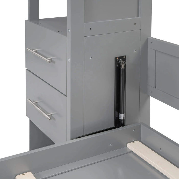 Queen Size Murphy Bed Wall Bed with Shelves, Drawers and LED Lights,Gray Default -DTYStore