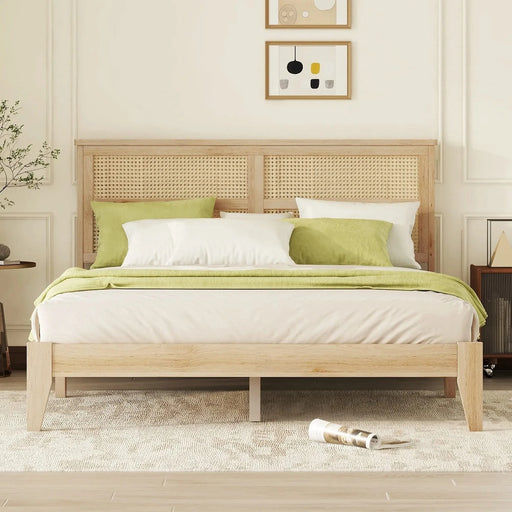 Queen Size Rubber Wooden, Solid Wooden Bed with Rattan Headboard, Enhanced by Support Feet,Oak White Default -DTYStore