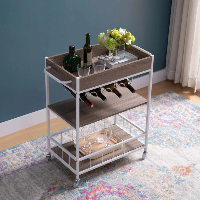 Rolling Kitchen Cart with Three Tier Storage and Four Wine Bottle Rack - Brown and White Metal Default -DTYStore