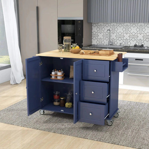 Rolling Mobile Kitchen Island with Drop Leaf - Solid Wood Top, Locking Wheels & Storage Cabinet 52.7 Inch Width(Dark blue) Default -DTYStore