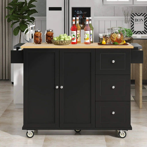 Rolling Mobile Kitchen Island with Solid Wood Top and Locking Wheels,52.7 Inch Width,Storage Cabinet and Drop Leaf Breakfast Bar,Spice Rack, Towel Rack & Drawer (Black) Default -DTYStore