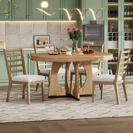 Round Dining Table for 4 with Chairs Set, Extendable Dining Table Set with 16' Removable Middle Leaf, 5 Piece Retro Dining Table Set Unique Geometric Design for Kitchen, Dining Room (Natural) Default -DTYStore