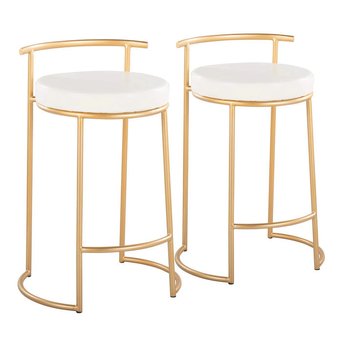 Round Fuji 26' Contemporary Fixed-Height Counter Stool in Gold Metal and White Faux Leather by LumiSource - Set of 2 Default -DTYStore