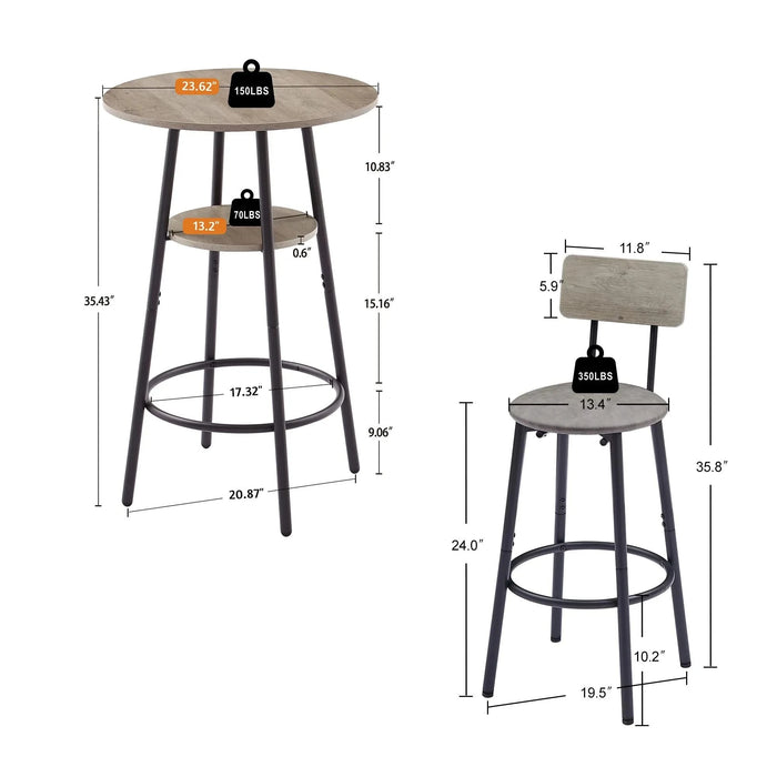 Round bar stool set with shelf, upholstered stool with backrest Grey, 23.62'' W x 23.62'' D x 35.43'' H. Default -DTYStore