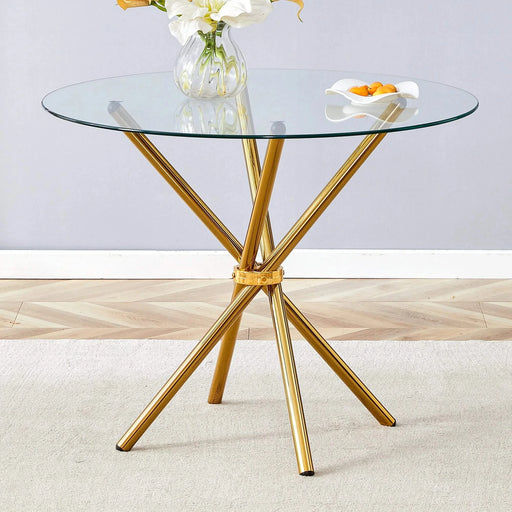 Round clear glass dining table with a unique shape for 4-6 people, with ring-shaped gathered gold metal legs, suitable for desks, kitchens, terraces, dining rooms. Default -DTYStore