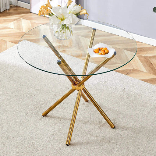 Round clear glass dining table with a unique shape for 4-6 people, with ring-shaped gathered gold metal legs, suitable for desks, kitchens, terraces, dining rooms. Default -DTYStore