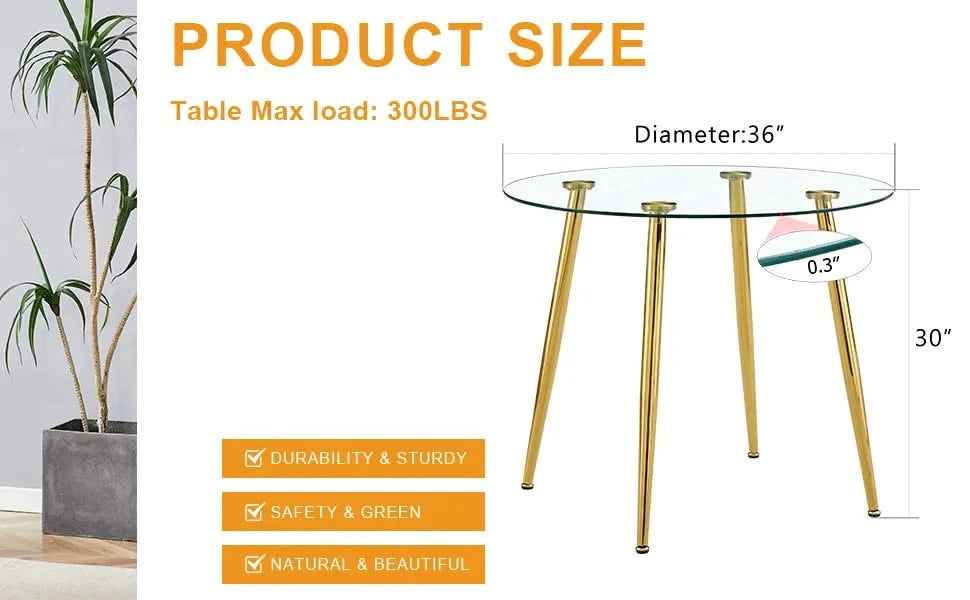 Round dining table with glass top, gilded metal legs, exquisite living, starting from the details, the gold legs show an extraordinary texture, which is the finishing touch to your home.36*36 Default -DTYStore