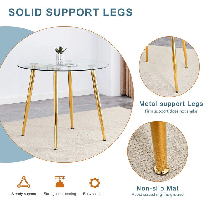 Round dining table with glass top, gilded metal legs, exquisite living, starting from the details, the gold legs show an extraordinary texture, which is the finishing touch to your home.36*36 Default -DTYStore