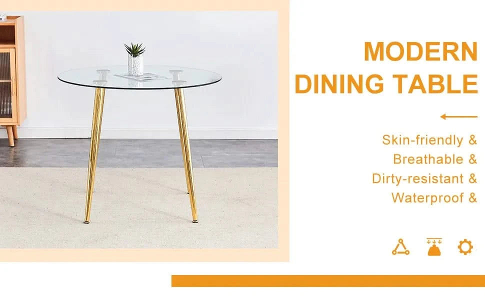 Round dining table with glass top, gilded metal legs, exquisite living, starting from the details, the gold legs show an extraordinary texture, which is the finishing touch to your home.36*36 Default -DTYStore