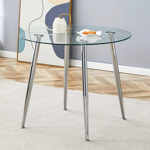 Round dining table with glass top, silver metal legs, exquisite life, starting from the details, the silver legs show an extraordinary texture, which is the finishing touch to your home Default -DTYStore
