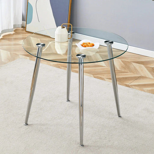 Round dining table with glass top, silver metal legs, exquisite life, starting from the details, the silver legs show an extraordinary texture, which is the finishing touch to your home Default -DTYStore
