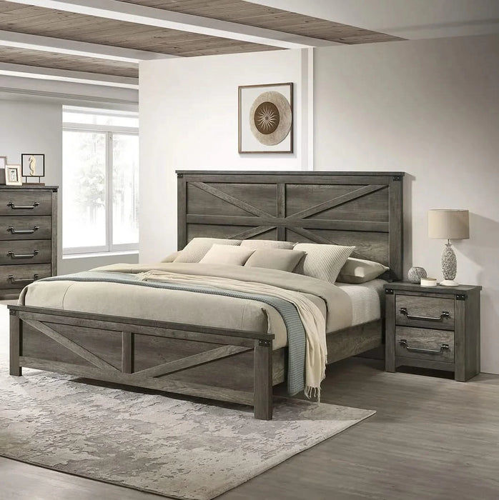 Rustic Gray 3pc Set Eastern King Size Bed 2x Nightstands Unique Design Headboard Bedroom Furniture Metal Accents Default -DTYStore