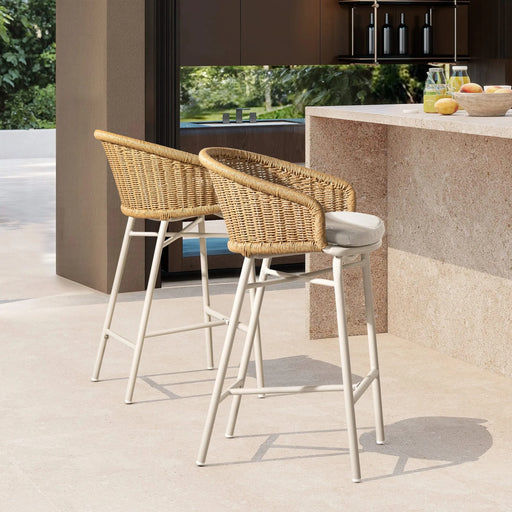 Santorini 28' Wicker Back Outdoor Bar Stool, Set of 2, Wheat Beige Axroma Olefin Default -DTYStore