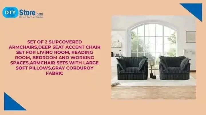 Set of 2 Slipcovered Armchairs - Deep Seat Accent Chairs with Large Soft Pillows Camel Corduroy -DTYStore