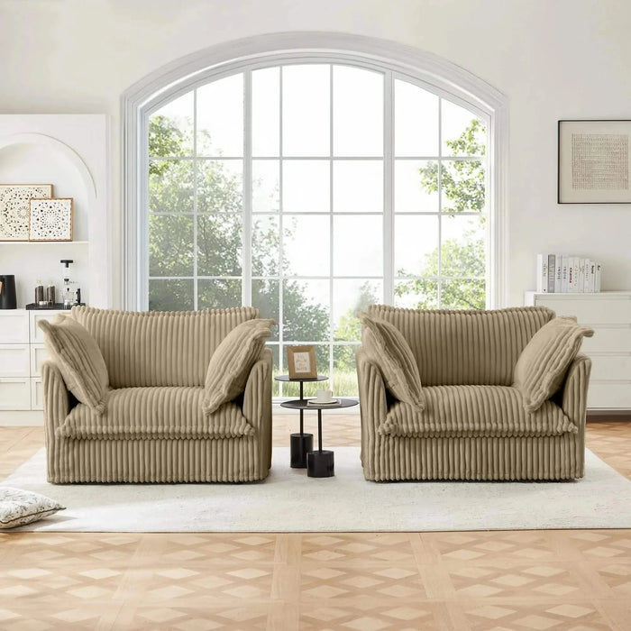 Set of 2 Slipcovered Armchairs - Deep Seat Accent Chairs with Large Soft Pillows Camel Corduroy -DTYStore