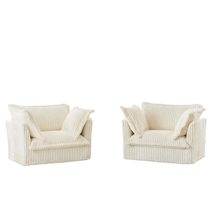Set of 2 Slipcovered Armchairs - Deep Seat Accent Chairs with Large Soft Pillows Cream Corduroy -DTYStore
