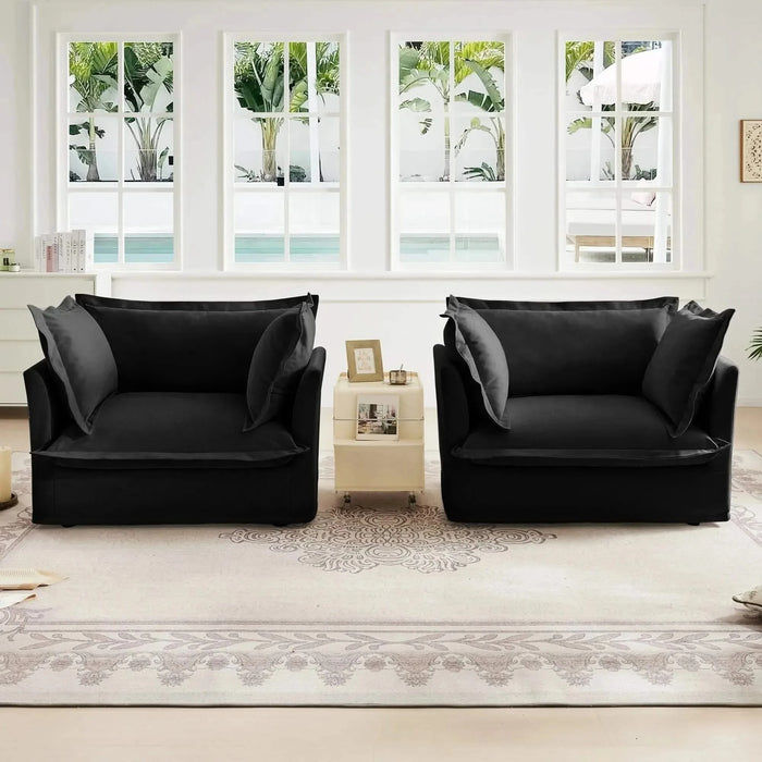 Set of 2 Slipcovered Armchairs - Deep Seat Accent Chairs with Large Soft Pillows Cream Corduroy -DTYStore