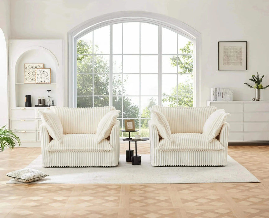 Set of 2 Slipcovered Armchairs - Deep Seat Accent Chairs with Large Soft Pillows Cream Corduroy -DTYStore