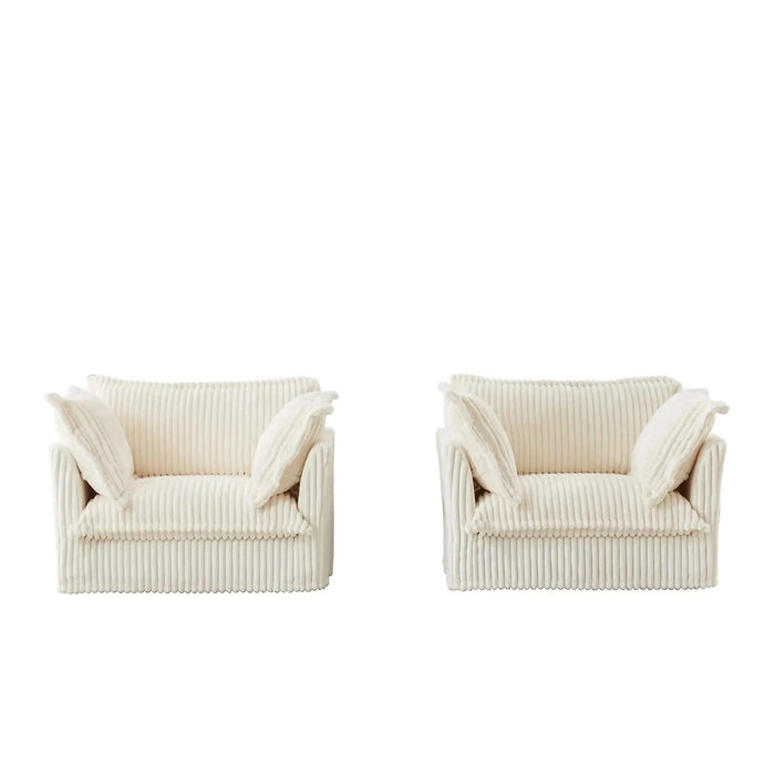Set of 2 Slipcovered Armchairs - Deep Seat Accent Chairs with Large Soft Pillows Cream Corduroy -DTYStore