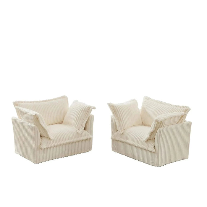 Set of 2 Slipcovered Armchairs - Deep Seat Accent Chairs with Large Soft Pillows Cream Corduroy -DTYStore