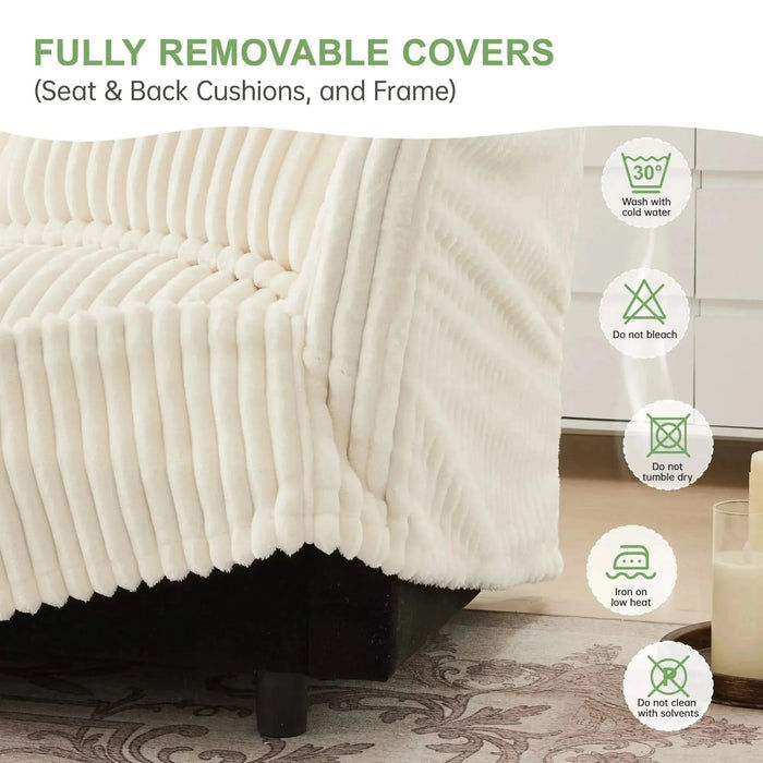 Set of 2 Slipcovered Armchairs - Deep Seat Accent Chairs with Large Soft Pillows Cream Corduroy -DTYStore